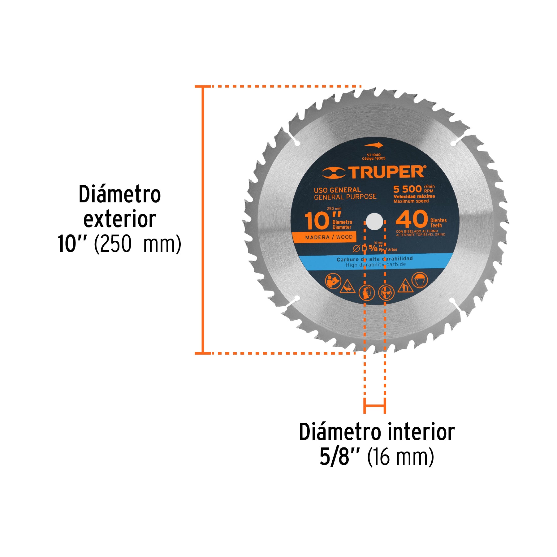 Disco sierra p/madera 10", 40 dientes, centro 5/8"