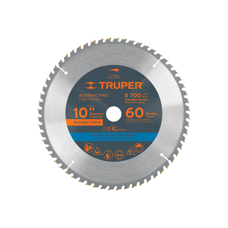 Disco sierra p/madera 10", 60 dientes, centro 1"