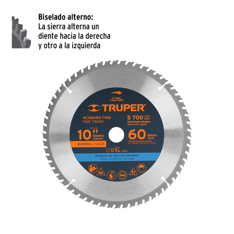 Disco sierra p/madera 10", 60 dientes, centro 1"