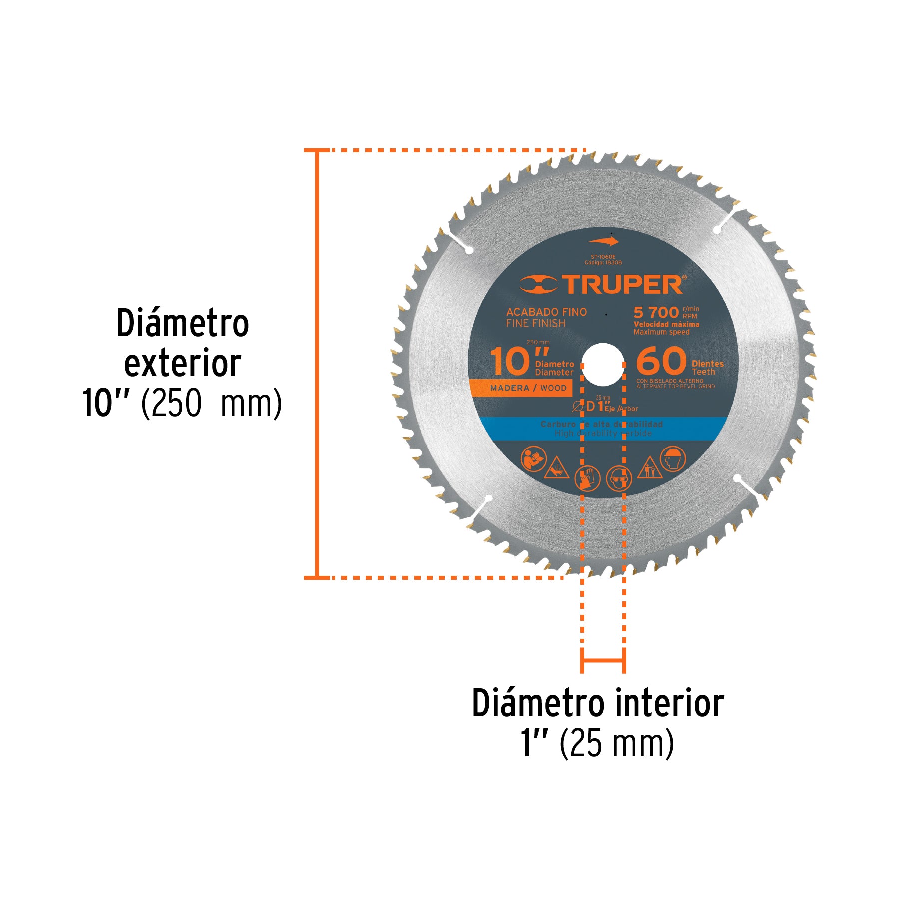 Disco sierra p/madera 10", 60 dientes, centro 1"