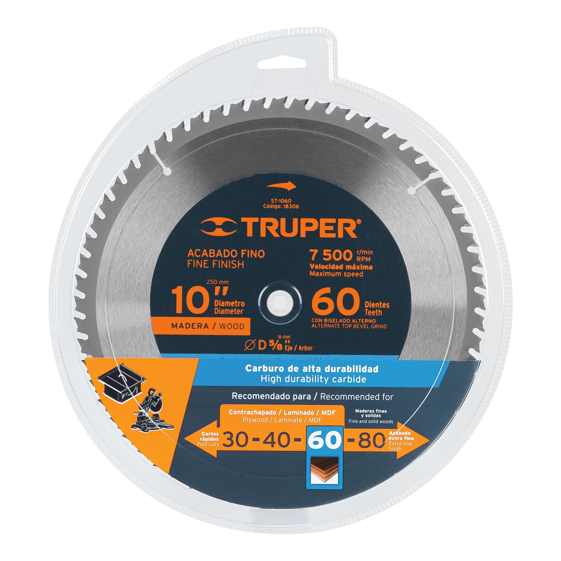 Disco sierra p/madera 10", 60 dientes, centro 5/8"