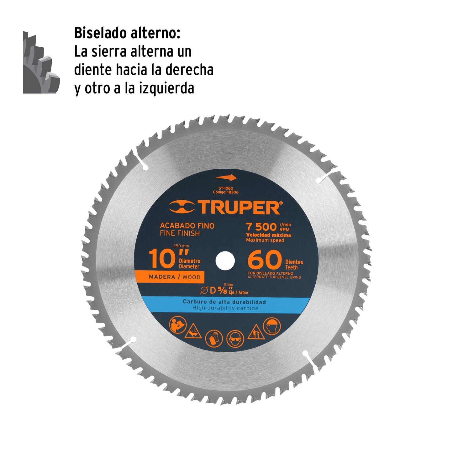 Disco sierra p/madera 10", 60 dientes, centro 5/8"