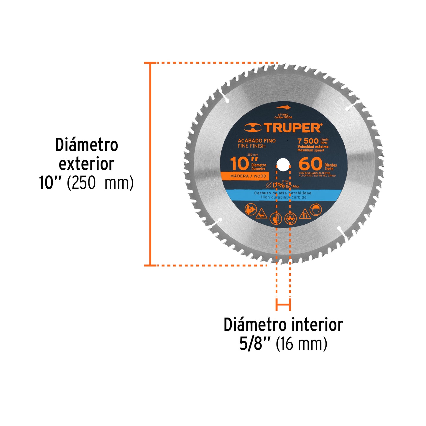 Disco sierra p/madera 10", 60 dientes, centro 5/8"