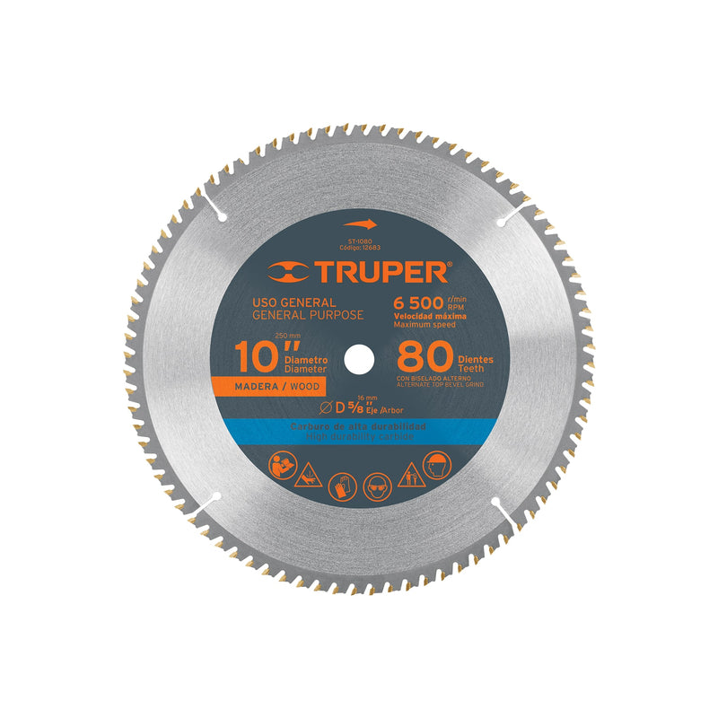 Disco sierra p/madera 10", 80 dientes, centro 5/8"