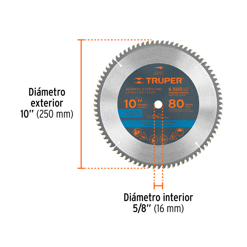 Disco sierra p/aluminio 10", 80 dientes, centro 5/8"