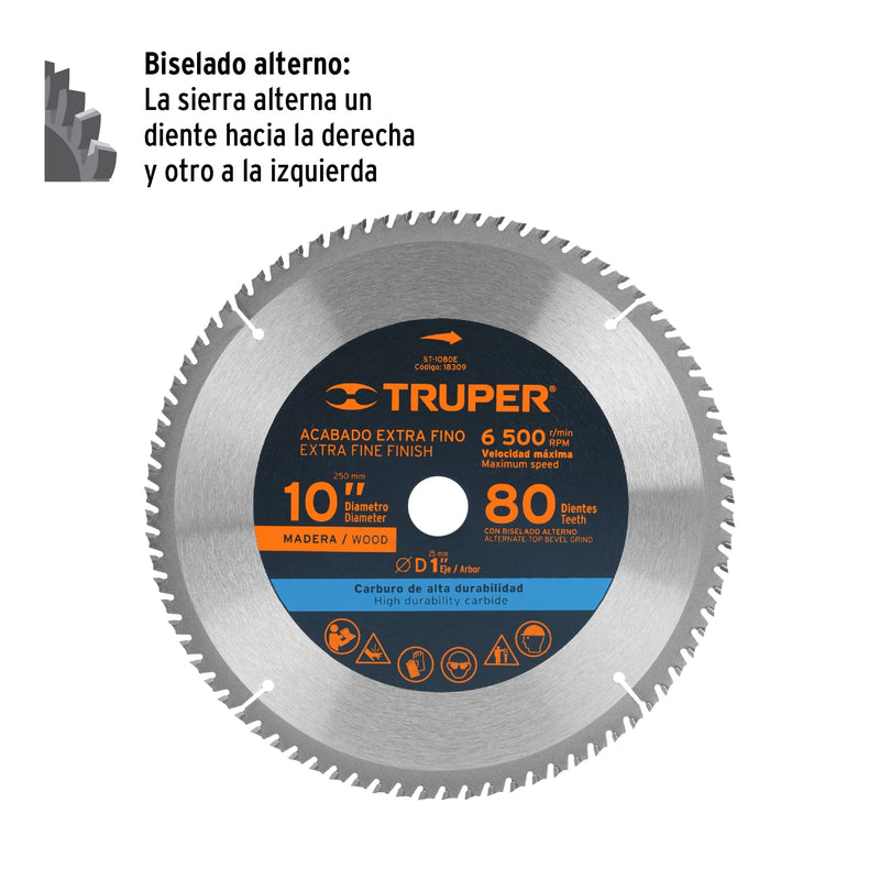 Disco sierra p/madera 10", 80 dientes, centro 1"