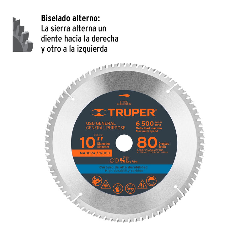 Disco sierra p/madera 10", 80 dientes, centro 5/8"