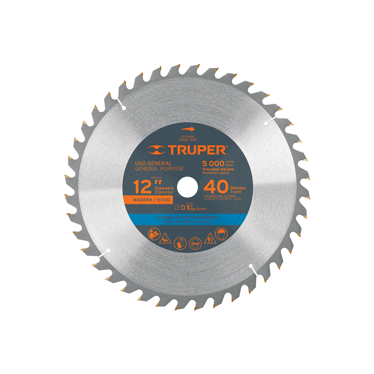 Disco sierra p/madera 12", 40 dientes, centro 1"