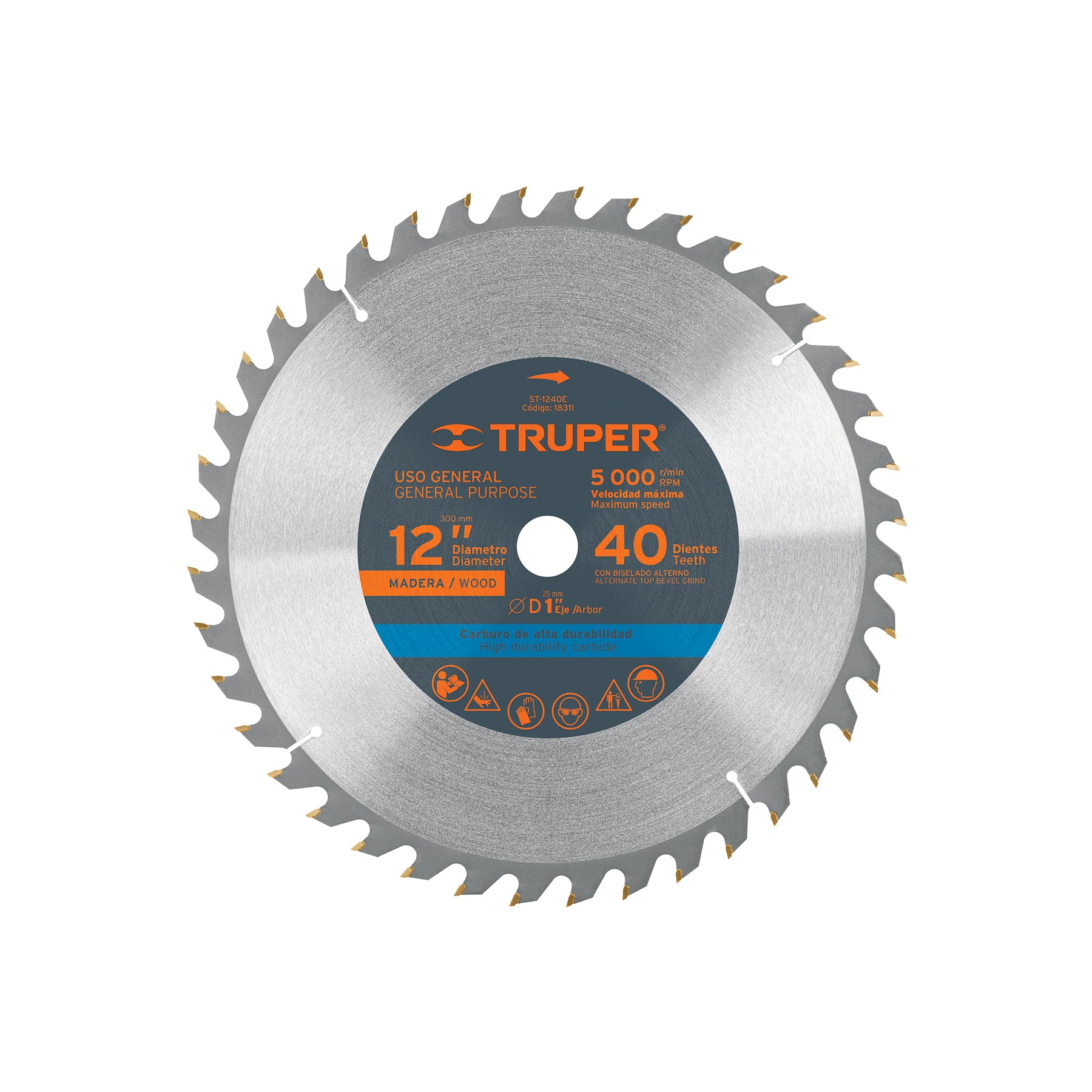 Disco sierra p/madera 12", 40 dientes, centro 1"