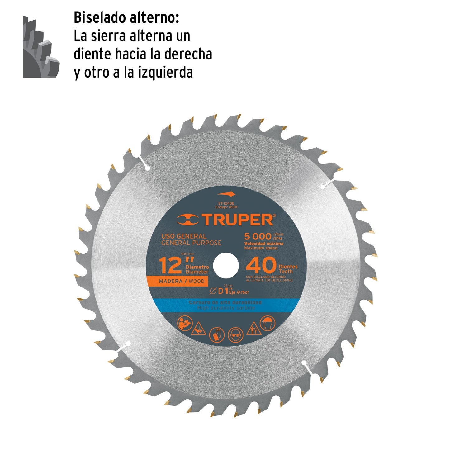 Disco sierra p/madera 12", 40 dientes, centro 1"