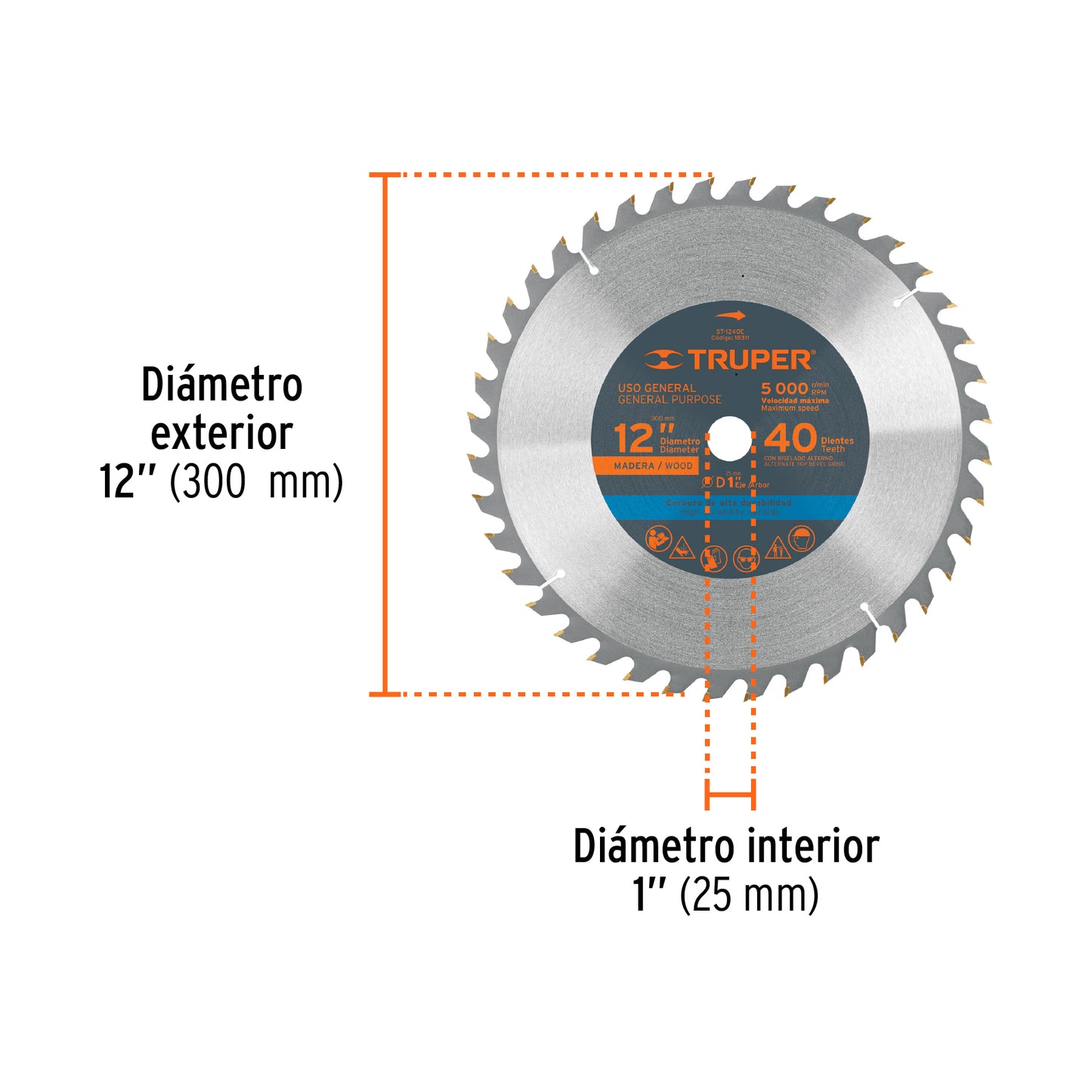Disco sierra p/madera 12", 40 dientes, centro 1"