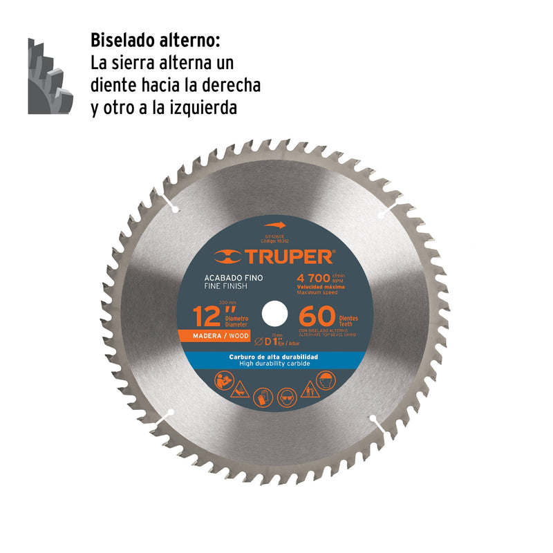 Disco sierra p/madera 12", 60 dientes, centro 1"