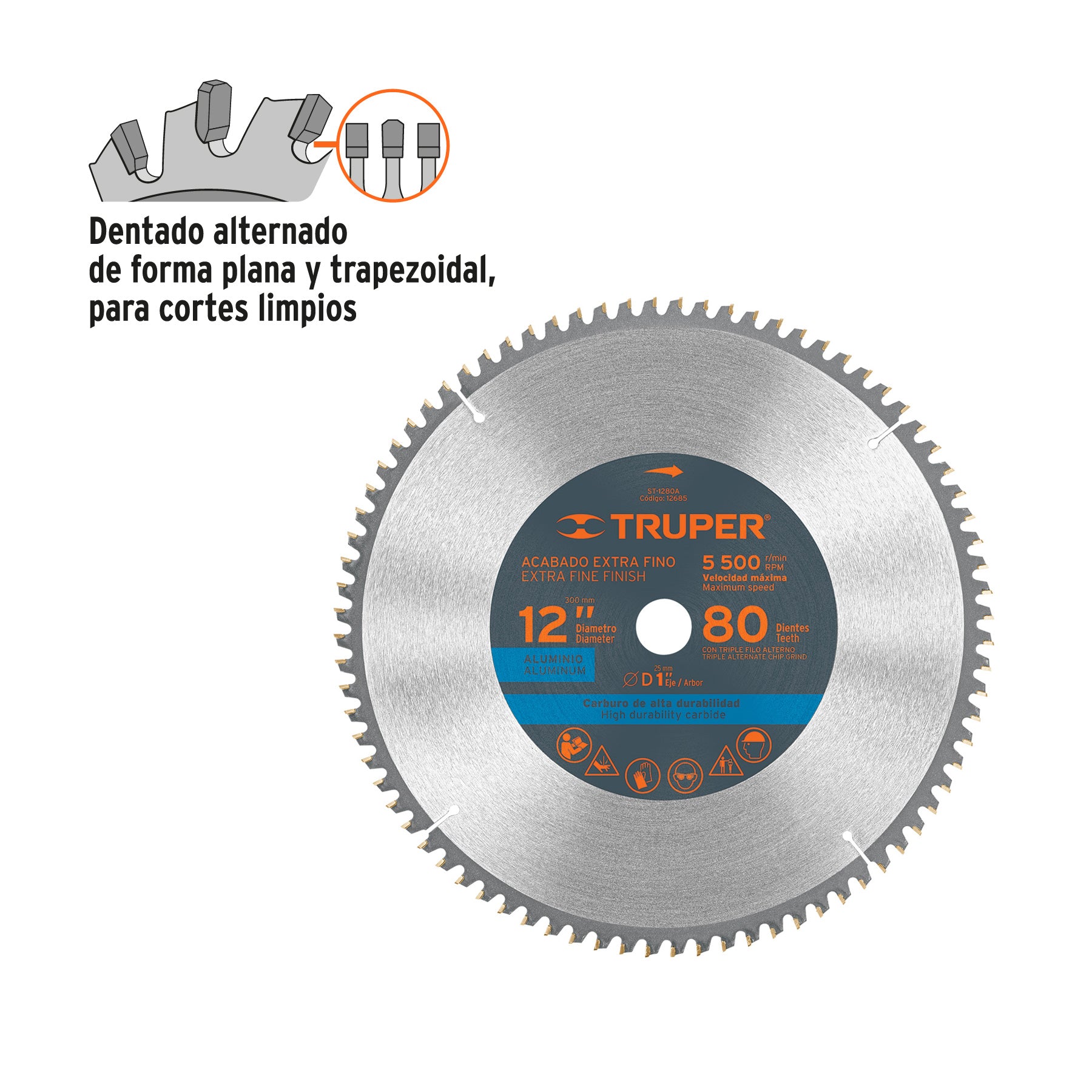 Disco sierra p/aluminio 12", 80 dientes, centro 1"