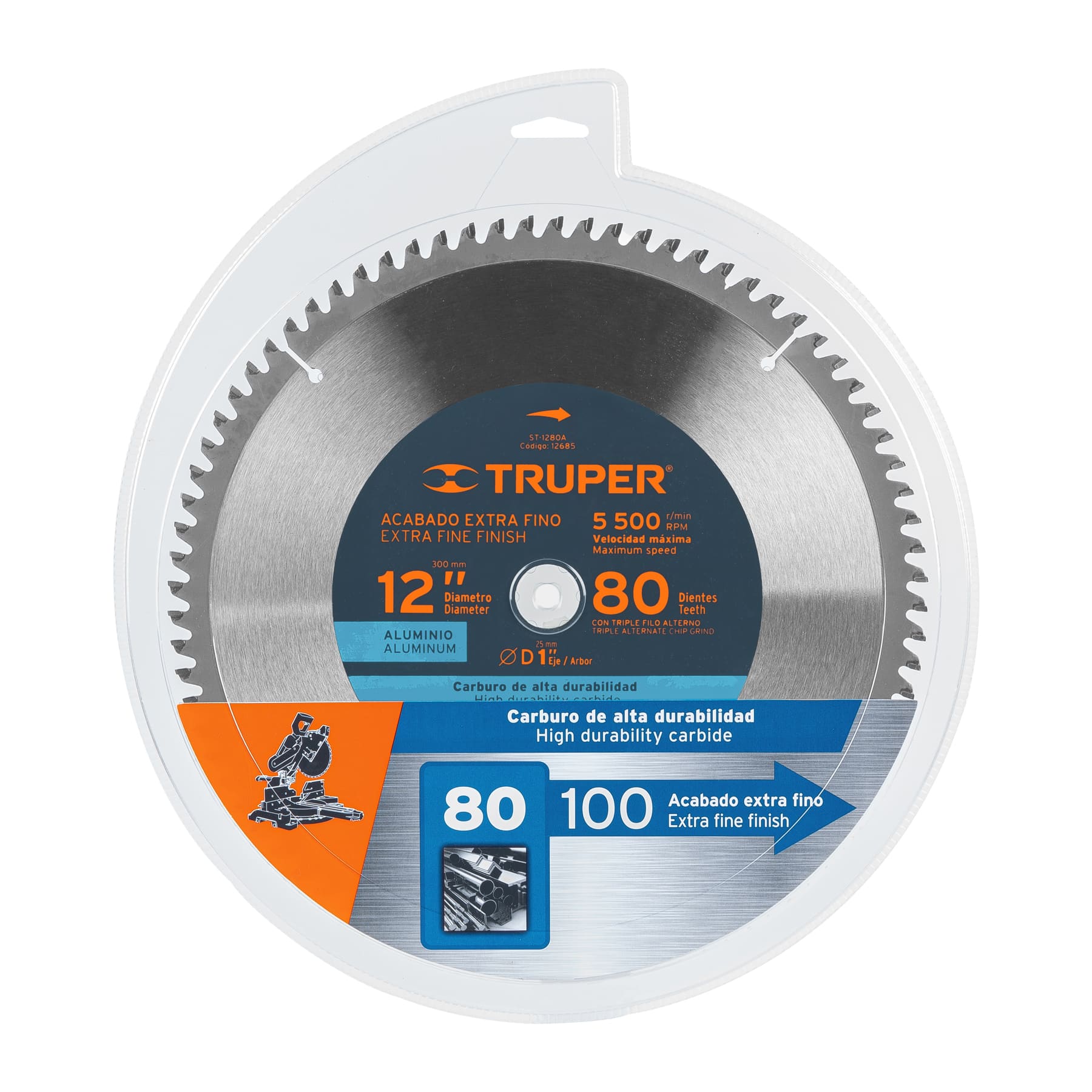 Disco sierra p/aluminio 12", 80 dientes, centro 1"