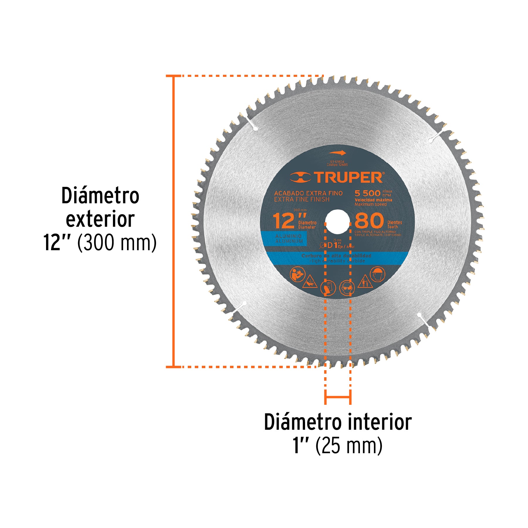 Disco sierra p/aluminio 12", 80 dientes, centro 1"