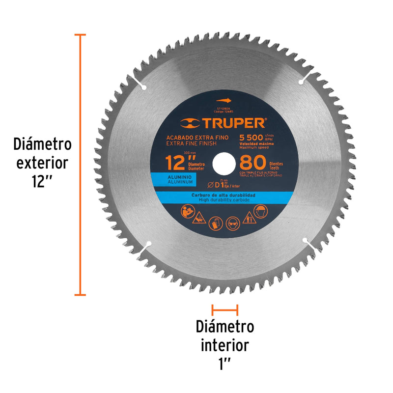 Disco sierra p/aluminio 12", 80 dientes, centro 1"
