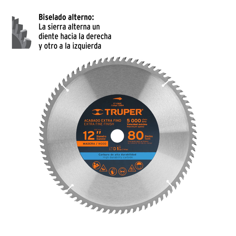 Disco sierra p/madera 12", 80 dientes, centro 1"
