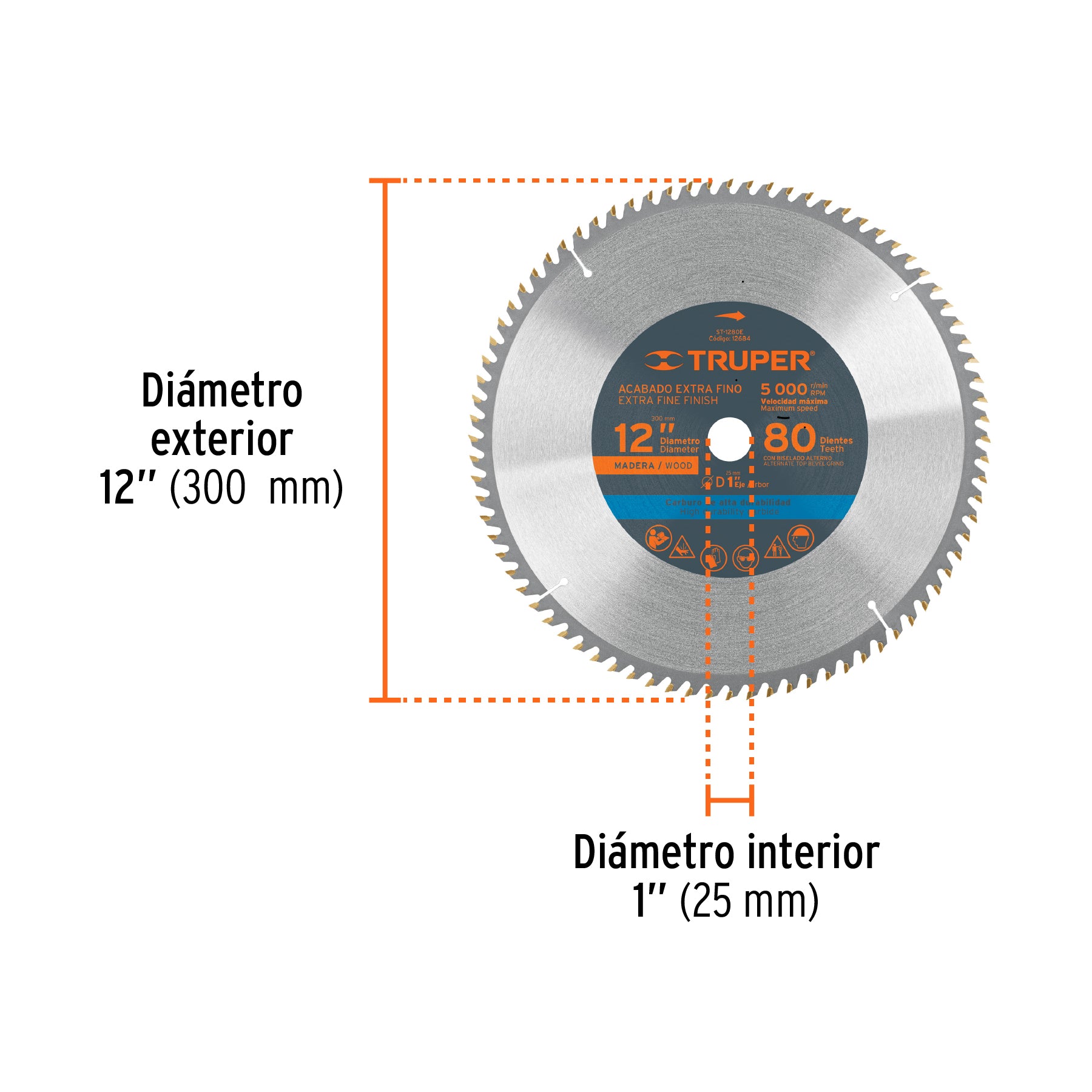 Disco sierra p/madera 12", 80 dientes, centro 1"