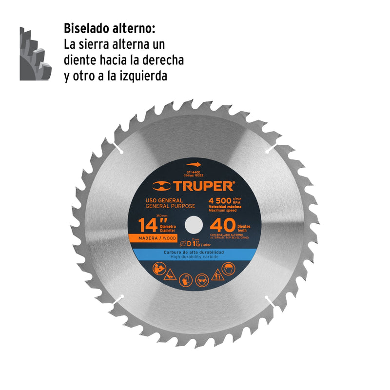 Disco sierra p/madera 14", 40 dientes, centro 1"