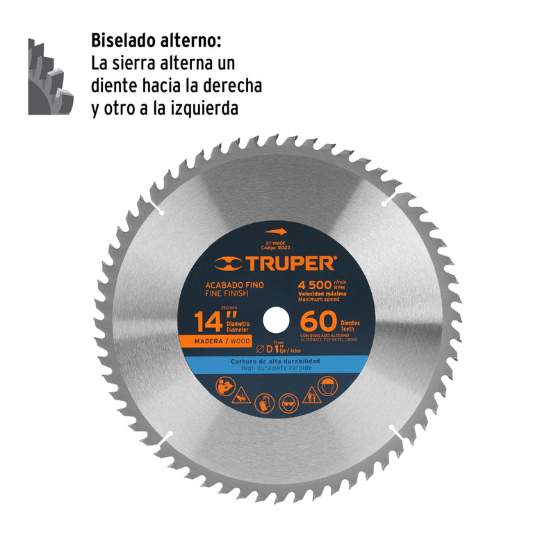 Disco sierra p/madera 14", 60 dientes, centro 1"