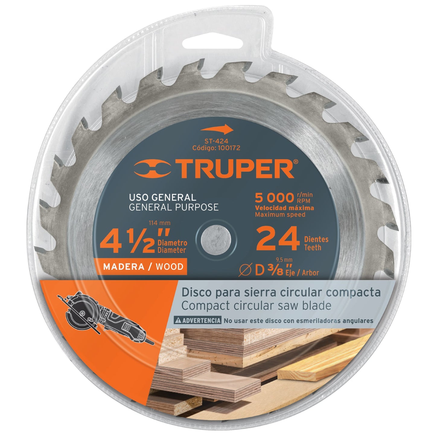 Disco sierra p/madera 4-1/2", 24 dientes, centro 3/8"