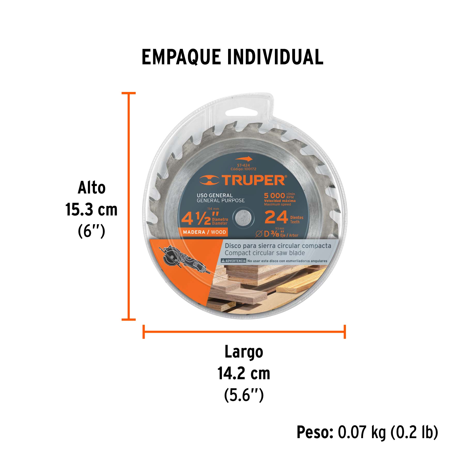 Disco sierra p/madera 4-1/2", 24 dientes, centro 3/8"