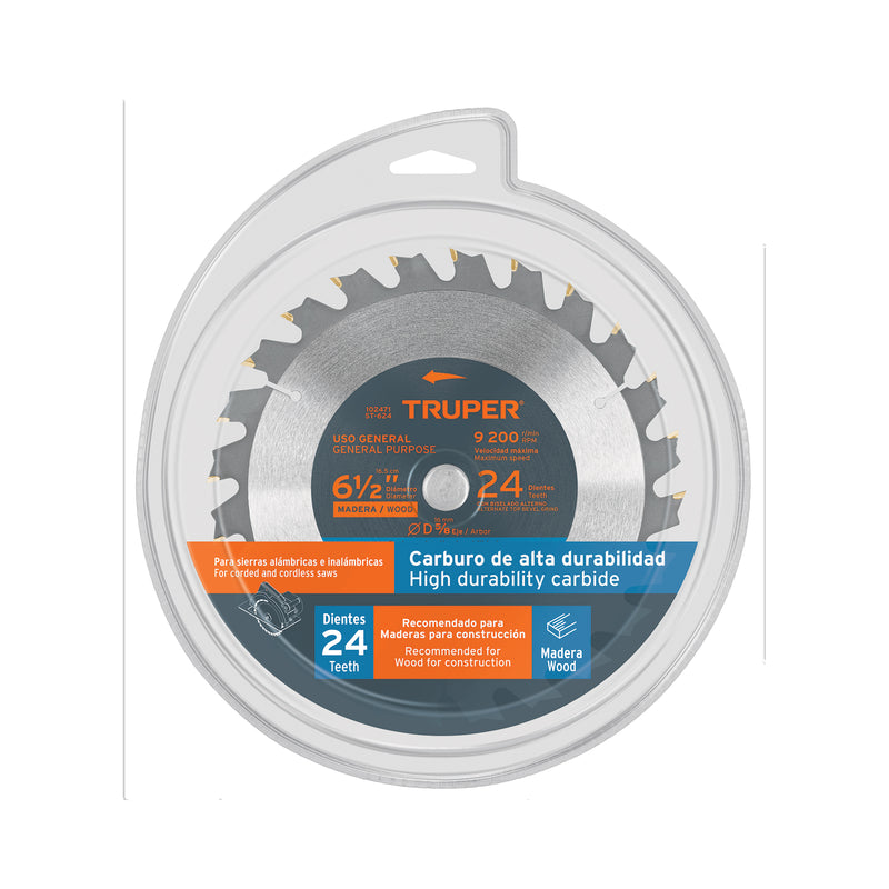 Disco sierra 6-1/2' p/madera, 24 dientes con centro 5/8'