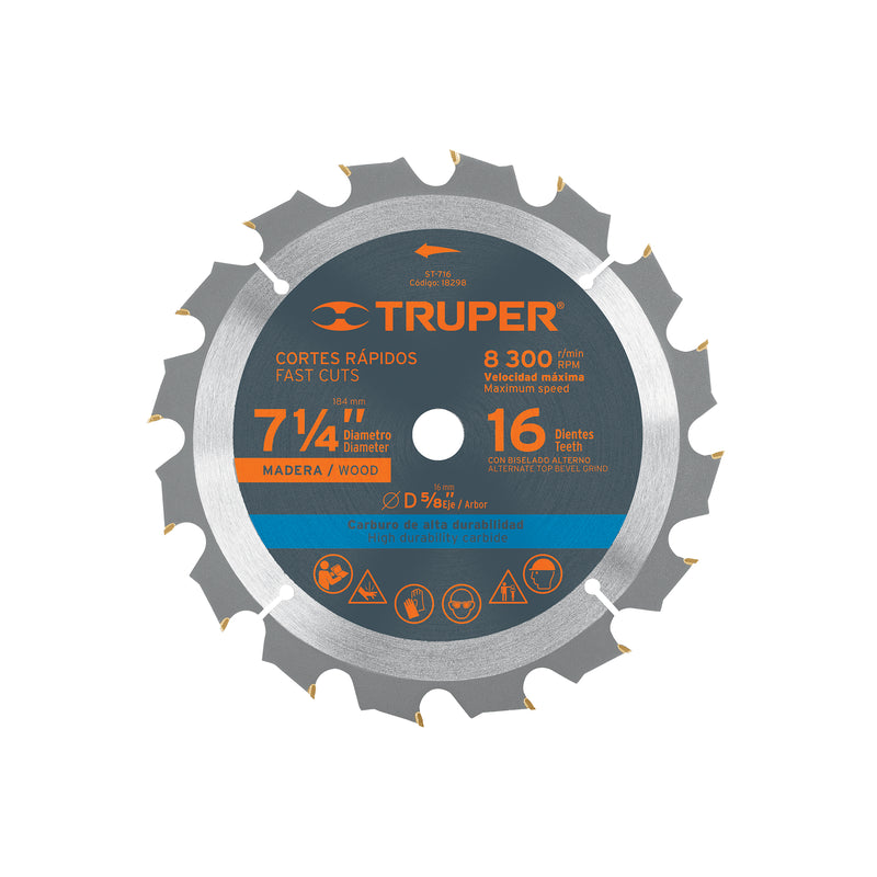 Disco sierra p/madera 7- 1/4", 16 dientes, centro 5/8"