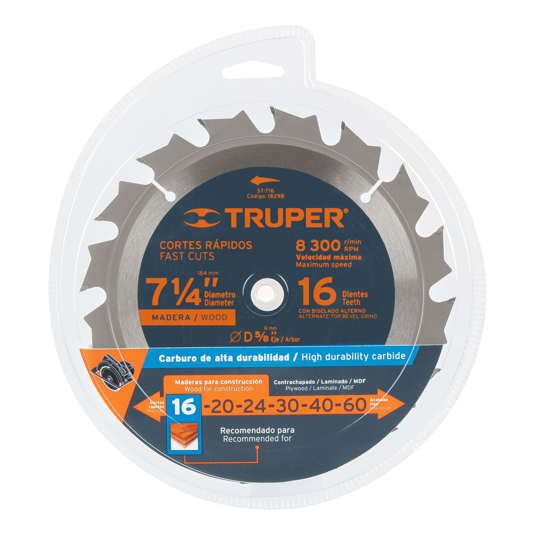 Disco sierra p/madera 7- 1/4", 16 dientes, centro 5/8"