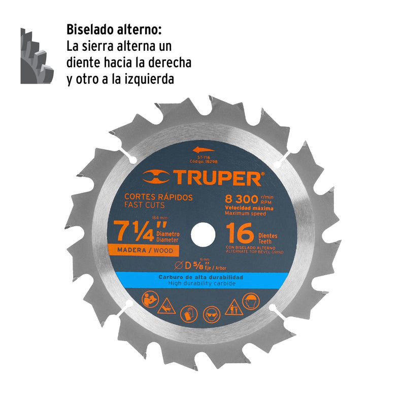 Disco sierra p/madera 7- 1/4", 16 dientes, centro 5/8"