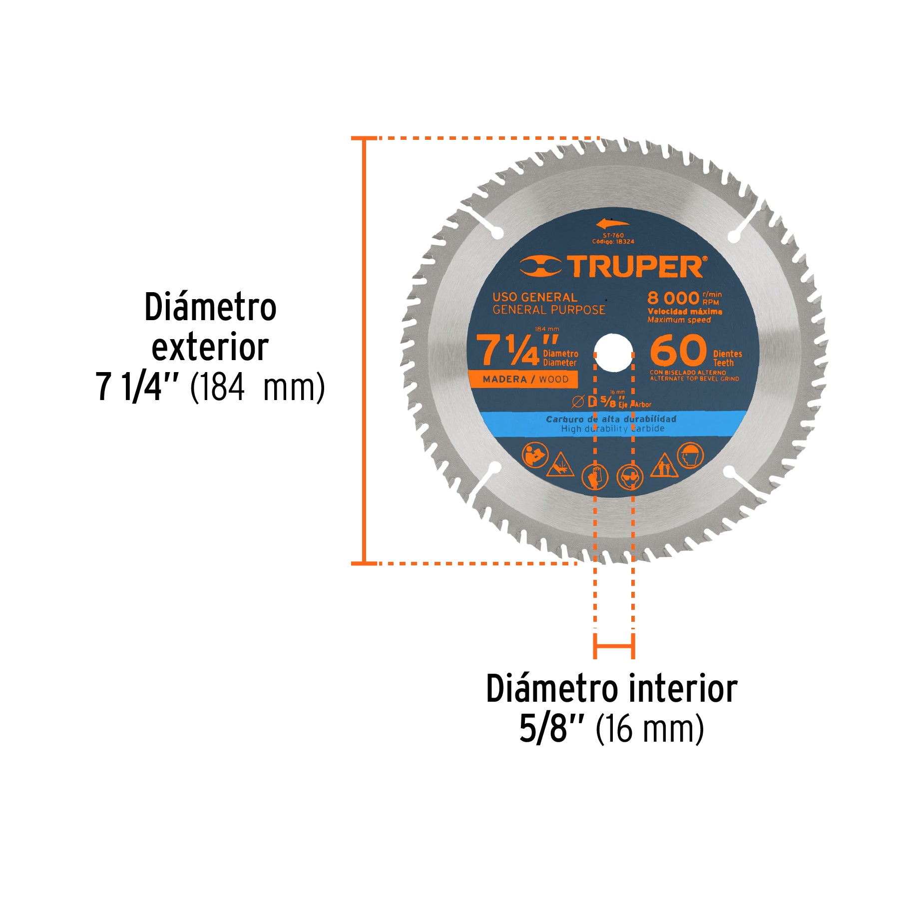 Disco sierra p/madera 7- 1/4", 16 dientes, centro 5/8"
