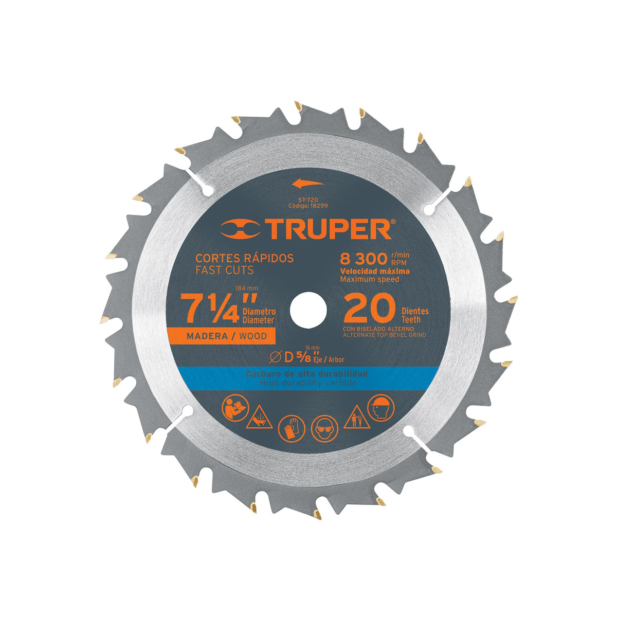 Disco sierra p/madera 7- 1/4", 20 dientes, centro 5/8"