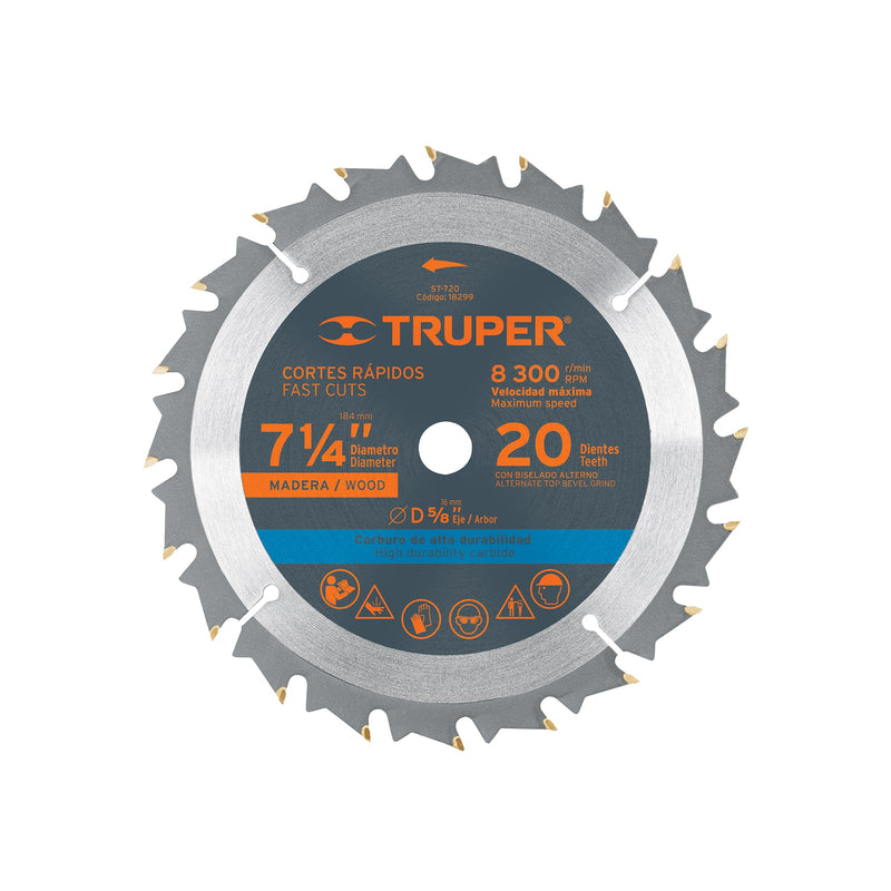 Disco sierra p/madera 7- 1/4", 20 dientes, centro 5/8"
