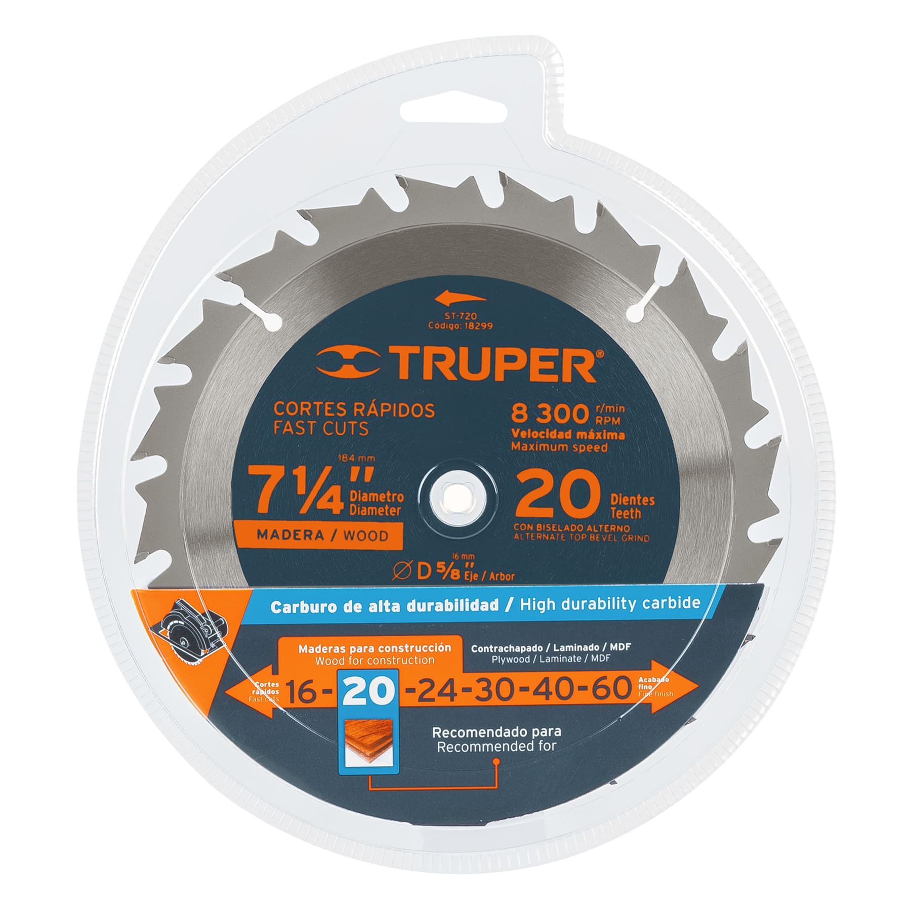 Disco sierra p/madera 7- 1/4", 20 dientes, centro 5/8"