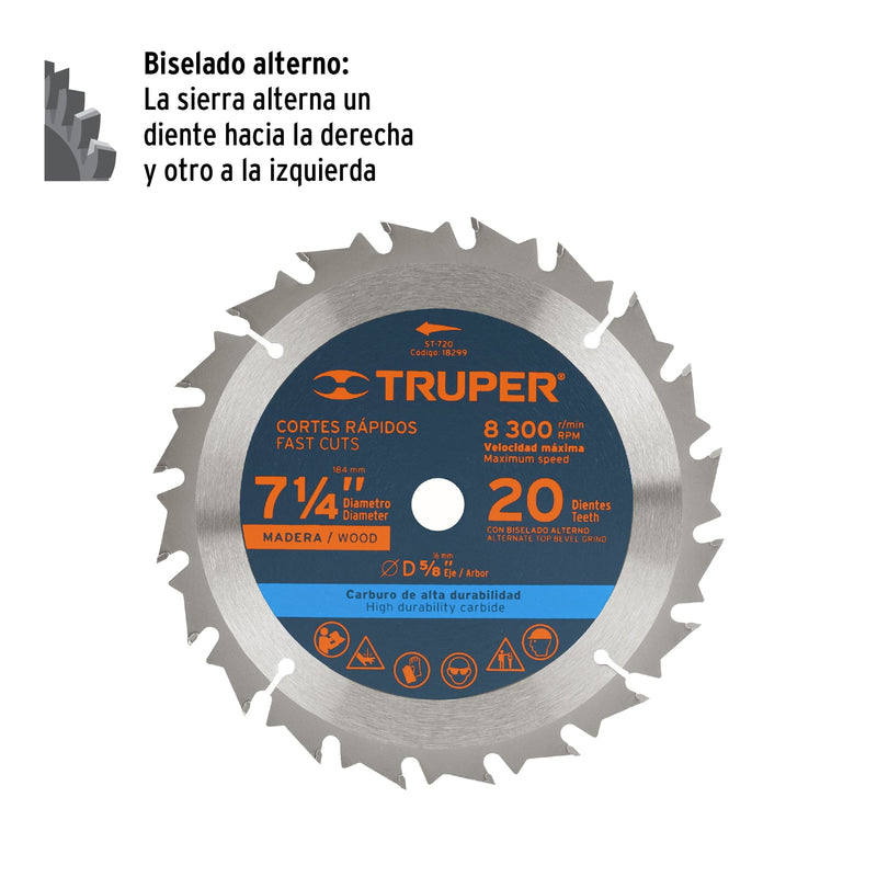 Disco sierra p/madera 7- 1/4", 20 dientes, centro 5/8"