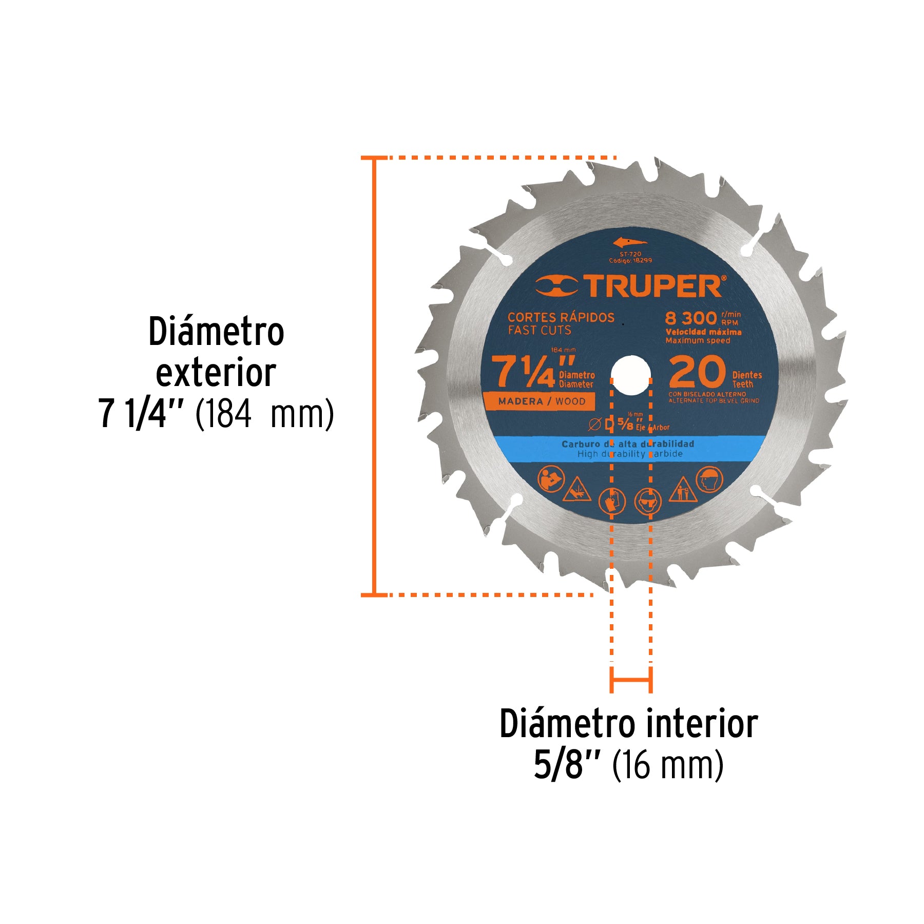 Disco sierra p/madera 7- 1/4", 20 dientes, centro 5/8"