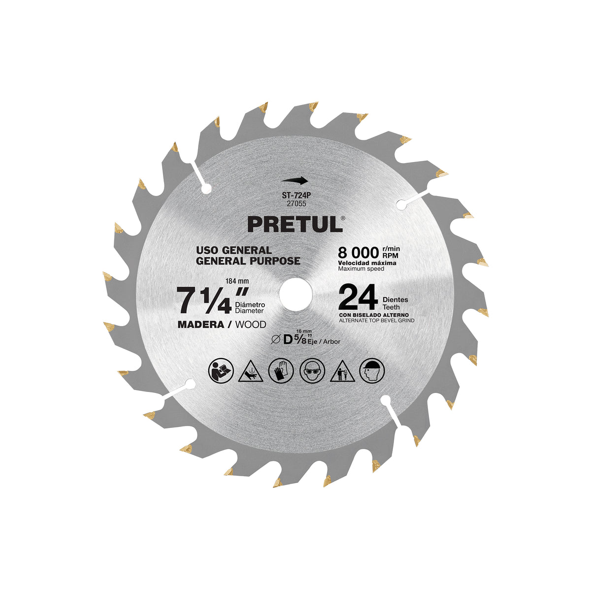 Sierra circular p/madera7-1/4",24 dientes,centro 5/8",Pretul
