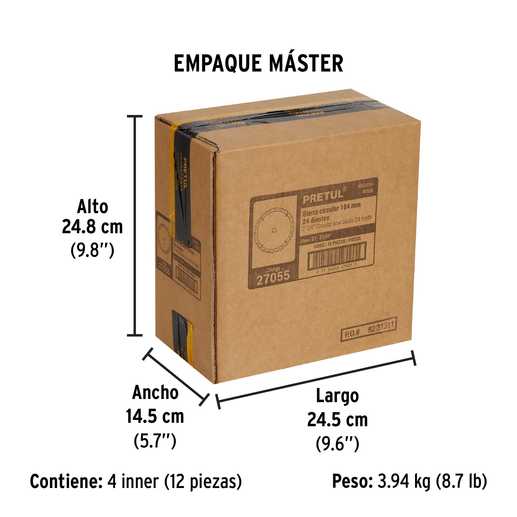 Sierra circular p/madera7-1/4",24 dientes,centro 5/8",Pretul