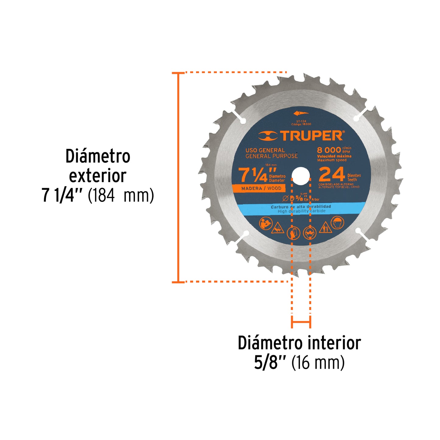 Disco sierra p/madera 7-1/4", 24 dientes, centro 5/8"