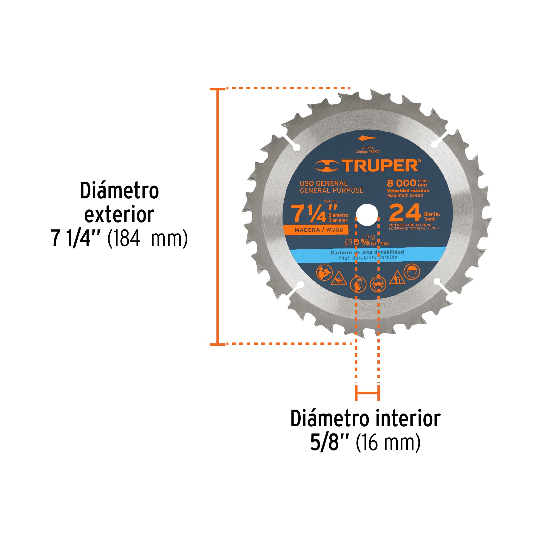 Disco sierra p/madera 7-1/4", 24 dientes, centro 5/8"