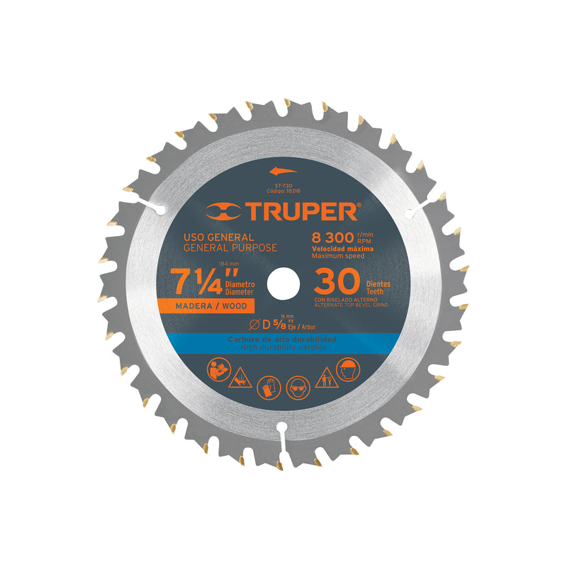Disco sierra p/madera 7- 1/4", 30 dientes, centro 5/8"
