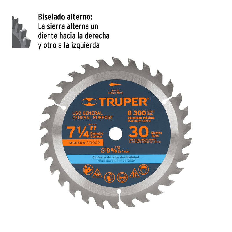 Disco sierra p/madera 7- 1/4", 30 dientes, centro 5/8"