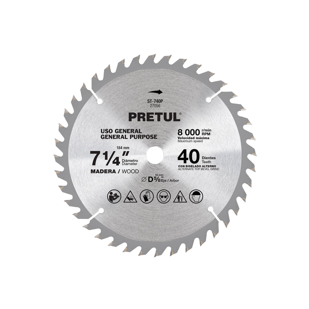 Sierra circular p/madera7-1/4",40 dientes,centro 5/8",Pretul