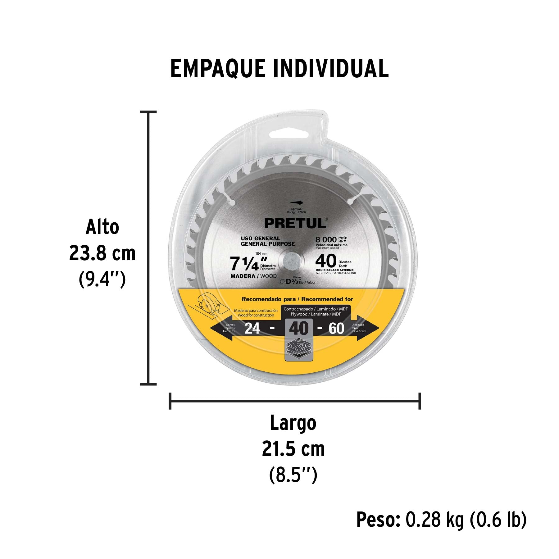 Sierra circular p/madera7-1/4",40 dientes,centro 5/8",Pretul