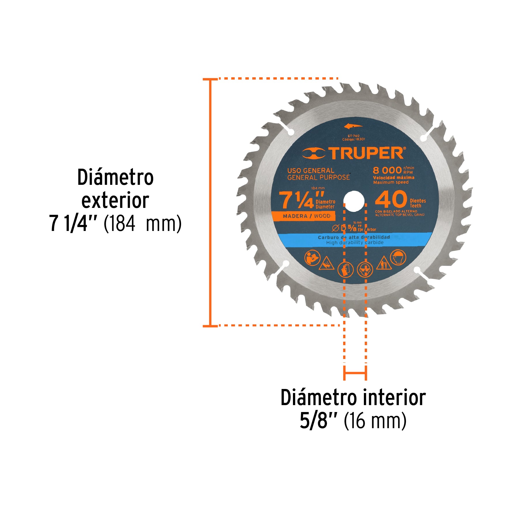 Disco sierra p/madera 7-1/4", 40 dientes, centro 5/8"