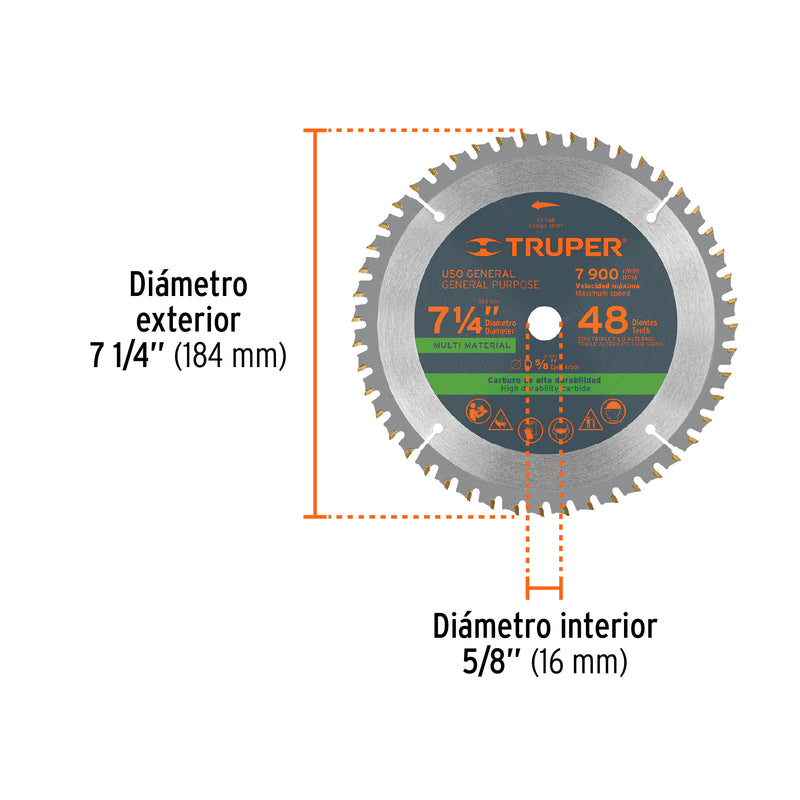 Disco sierra p/plástico 7-1/4", 48 dientes, centro 5/8"