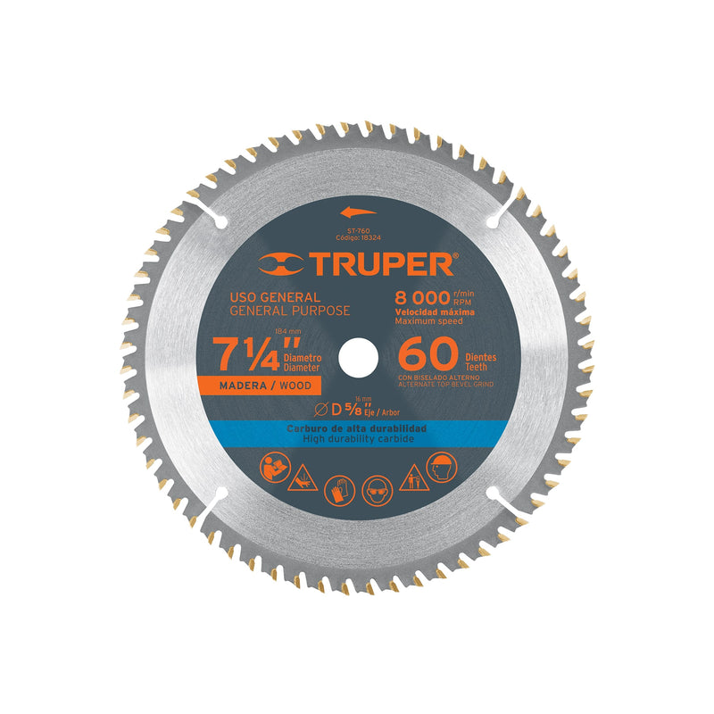 Disco sierra p/madera 7- 1/4", 60 dientes, centro 5/8"