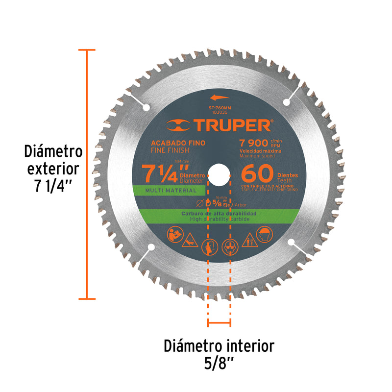 Disco sierra 7-1/4' multimaterial, 60 dientes centro  5/8'