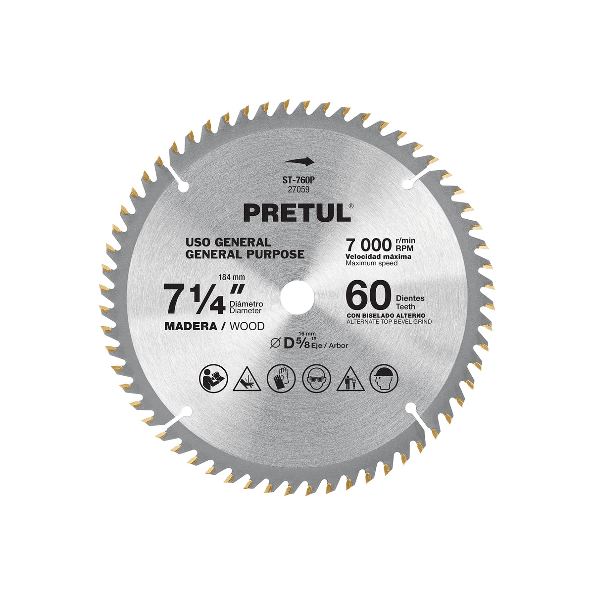 Disco sierra p/madera 7-1/4", 60dpp, centro 5/8",Pretul