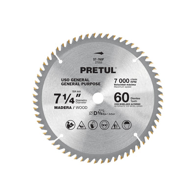 Disco sierra p/madera 7-1/4", 60dpp, centro 5/8",Pretul